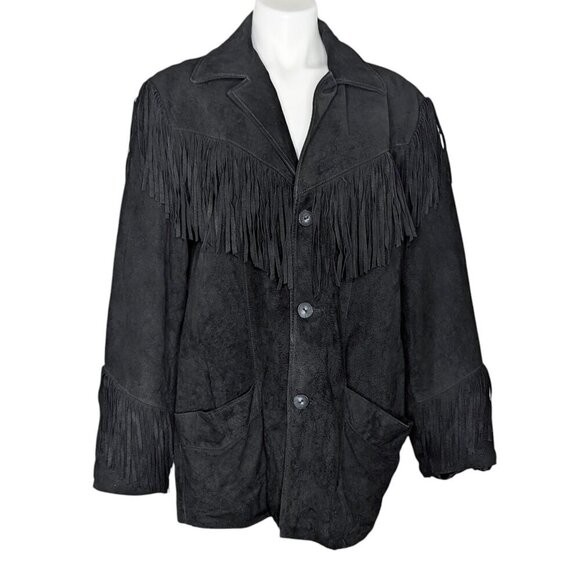 VTG Black Suede Scully Fringe Trim Button Up Long Leather Coat Suede Jacket